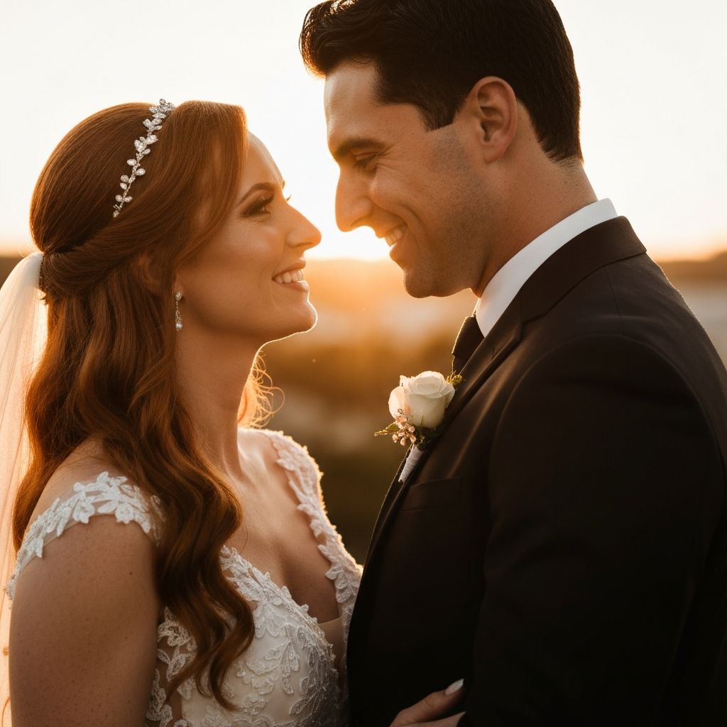 Wedding couple in golden hour light